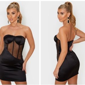 Black Satin Mesh Binding Insert Cup Bandeau Dress